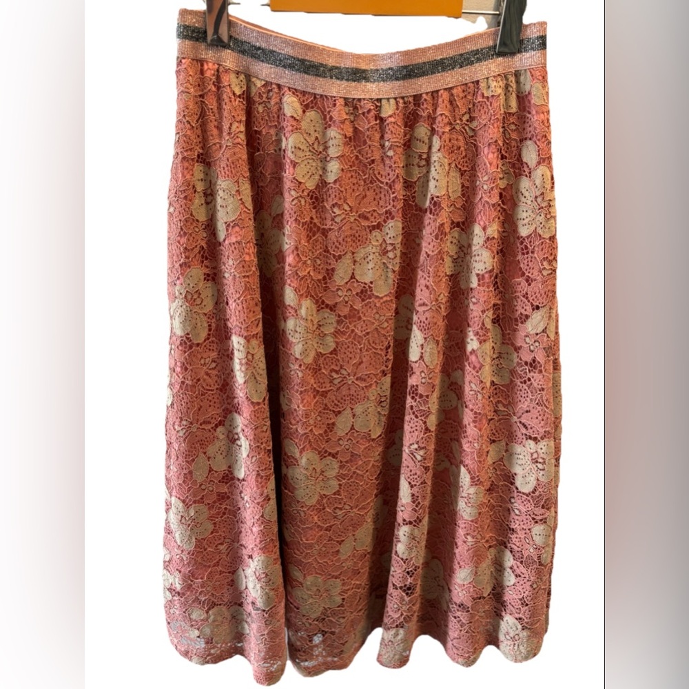 Gabby Isabella Flowy Floral Lace A-Line Skirt M Elastic Waist Lined Coastal Boho